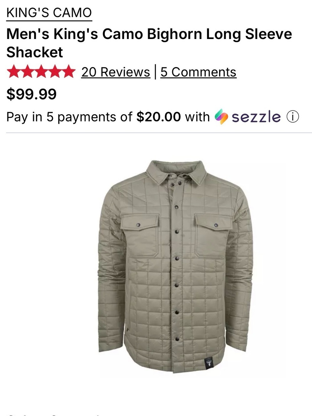 King’s Camo Bighorn Shacket. Quilted Lightweight in Sage Green - Picture 6 of 6